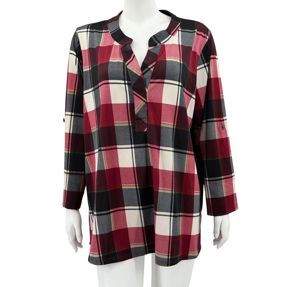 Ali Miles Top Women XL Red Plaid Stretch Popover Tunic Autumn Casual Relaxed Fit